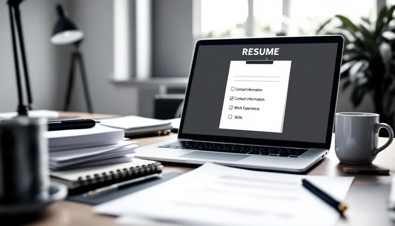 The image depicts a professional workspace featuring a final resume review checklist alongside various resume templates and materials, including a cover letter and notes for job seekers preparing their job applications. This organized setting emphasizes the importance of a polished, job-winning resume tailored for hiring managers.