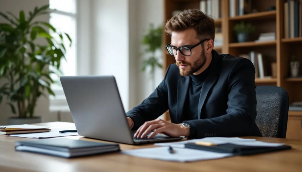 A professional person is focused on their laptop, surrounded by documents on a desk, as they work on creating a job-winning resume. The scene reflects an organized workspace, ideal for job applications and utilizing professional resume templates.
